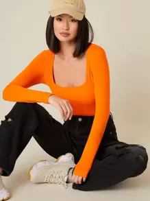 SHEIN BASICS Cotton Neon Orange Square Neck Form Fitted Tee - Orange - View 1