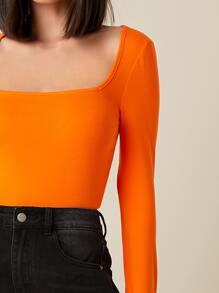 SHEIN BASICS Cotton Neon Orange Square Neck Form Fitted Tee - Orange - View 4