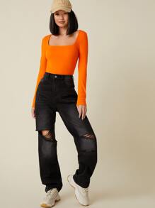SHEIN BASICS Cotton Neon Orange Square Neck Form Fitted Tee - Orange - View 5