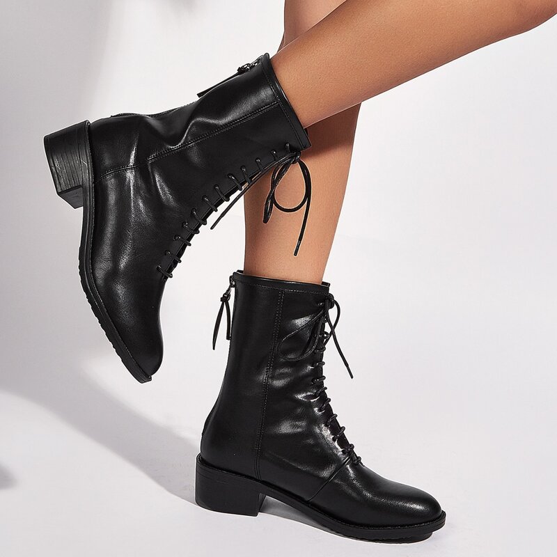 

Back Zip Lace Up Front Ankle Boots, Black