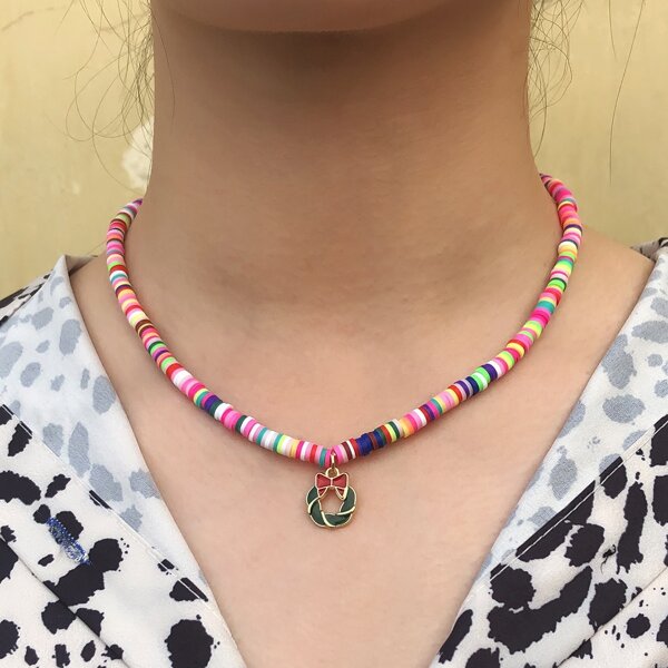 

Christmas Wreath Pendant Colorblock Necklace, Multicolor