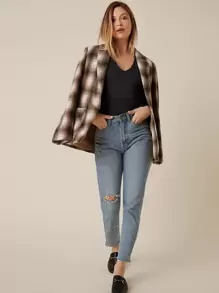 SHEIN BASICS V-neck Fitted Solid Bodysuit - Black - View 5