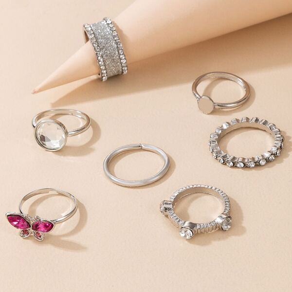 

7pcs Rhinestone Decor Ring, Silver