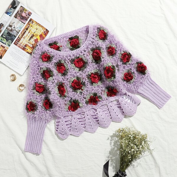 

Rose Flower Fuzzy Knit Sweater, Multicolor
