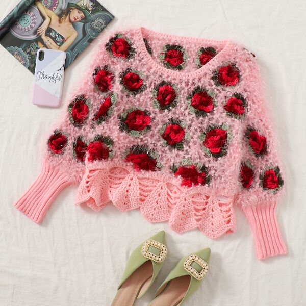 

Rose Flower Fuzzy Knit Sweater, Multicolor