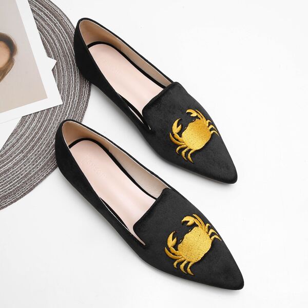 

Point Toe Crab Embroidered Loafers, Black
