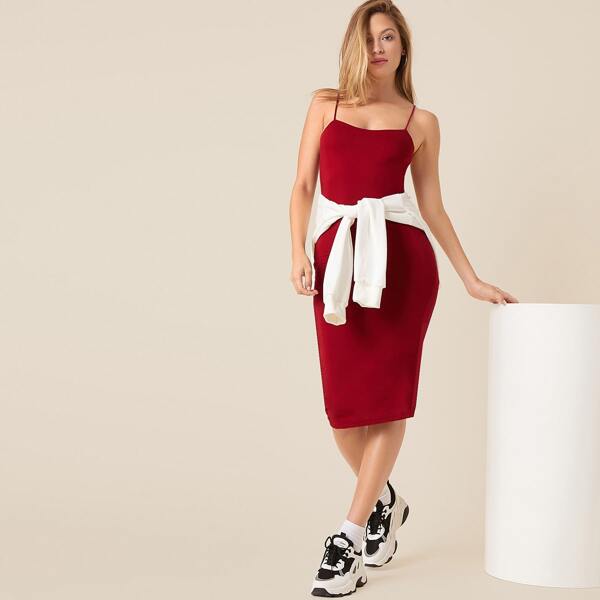 

Solid Spaghetti Neck Bodycon Dress, Burgundy