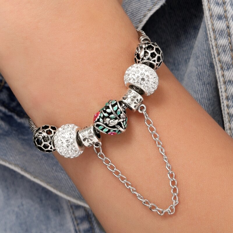 

Rhinestone Detail Bead Decor Bracelet, Silver
