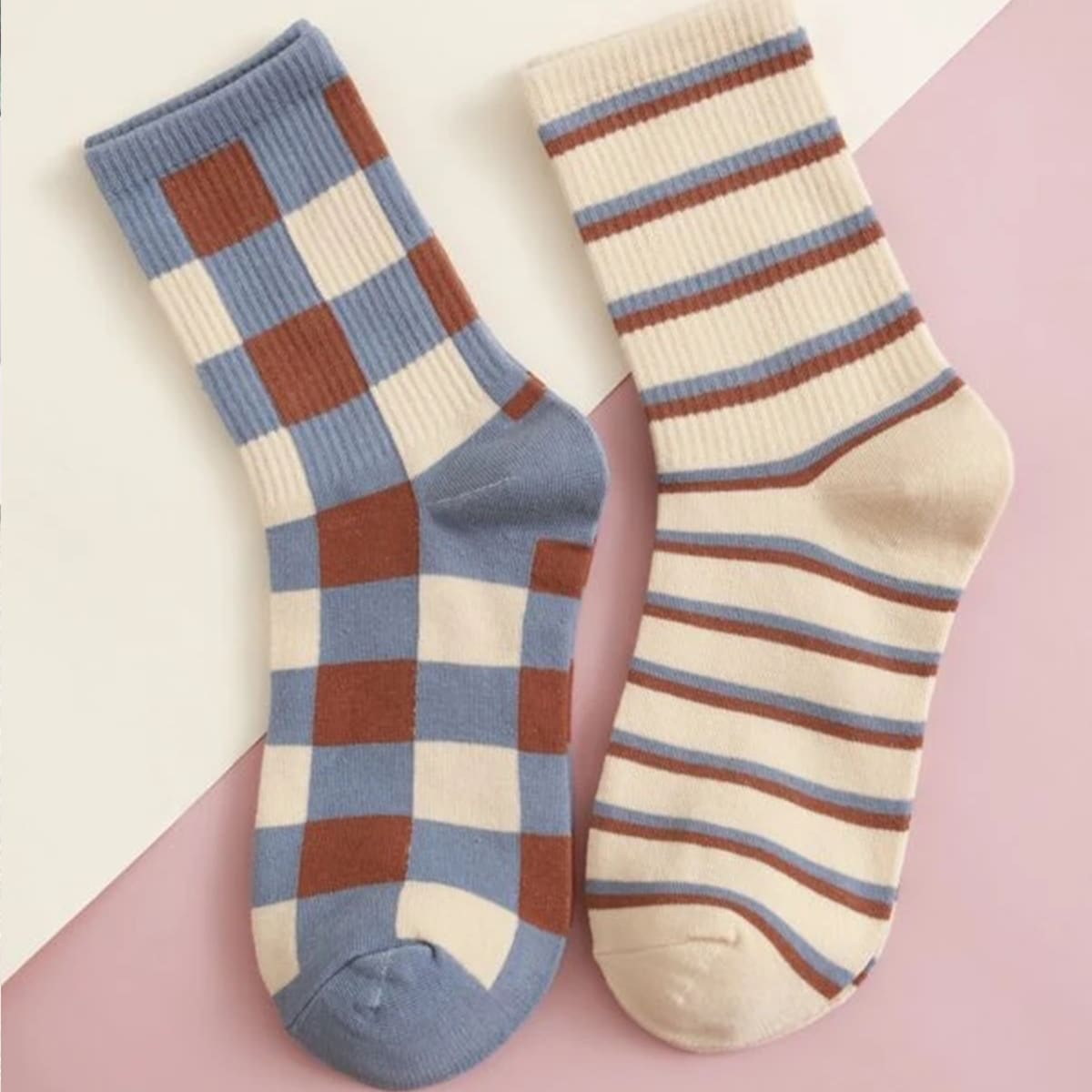 

2pairs Stripe & Plaid Socks, Multicolor