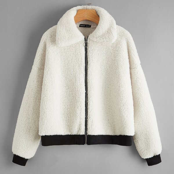 

O-ring Zip Drop Shoulder Teddy Jacket, Beige