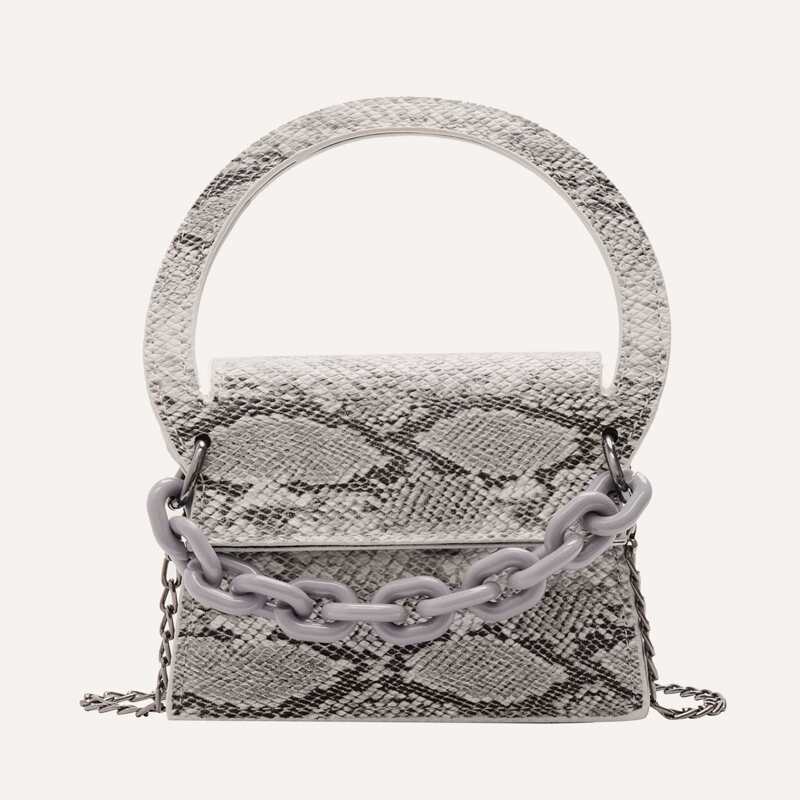 

Mini Snakeskin Print Chain Satchel Bag, Grey