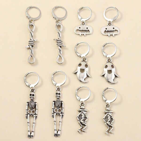 

5pairs Ghost & Skeleton Charm Drop Earrings, Silver