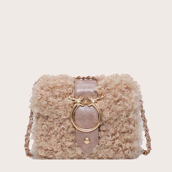 

Buckle Decor Fluffy Shoulder Bag, Khaki