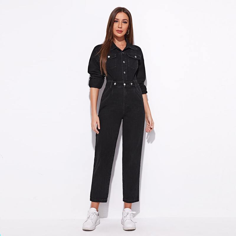 

Drop Shoulder Button Front Denim Jumpsuit, Black
