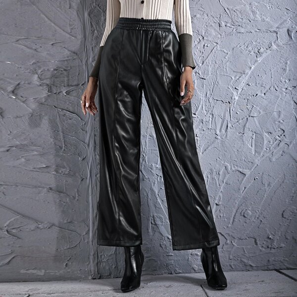 

PU Leather Wide Leg Pants, Black