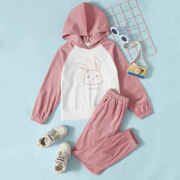

Girls Two Tone Letter and Rabbit Print Hoodie & Cord Pants Set, Multicolor