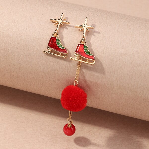 

Christmas Pom Pom Charm Mismatched Drop Earrings, Red