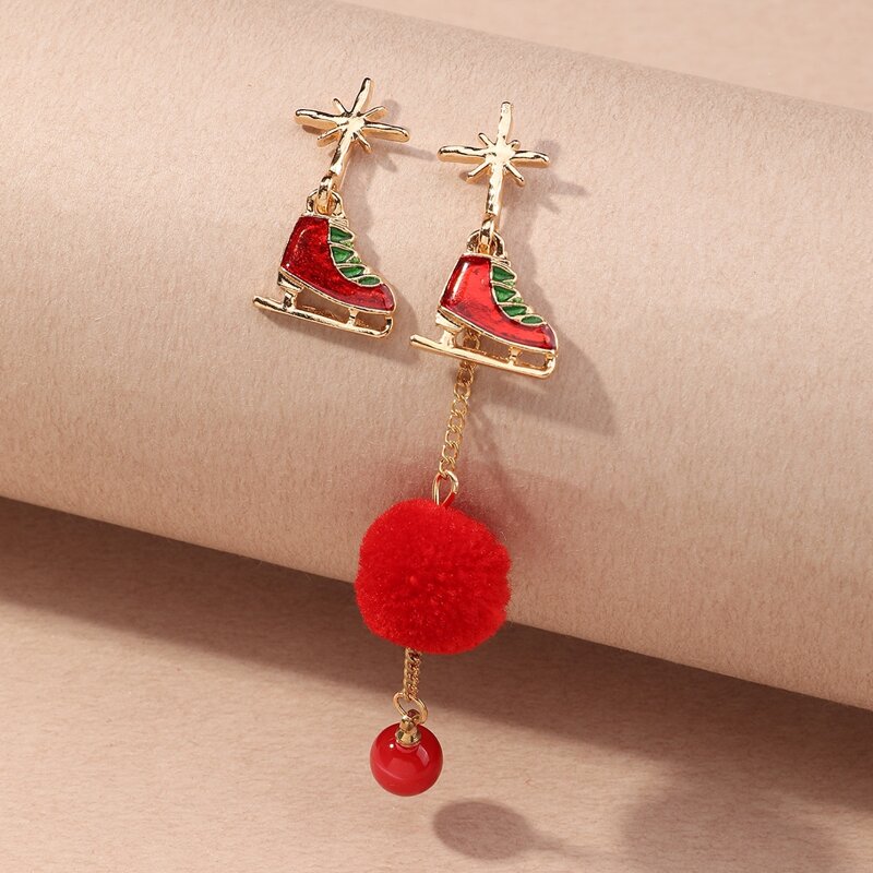 

Christmas Pom Pom Charm Mismatched Drop Earrings, Red