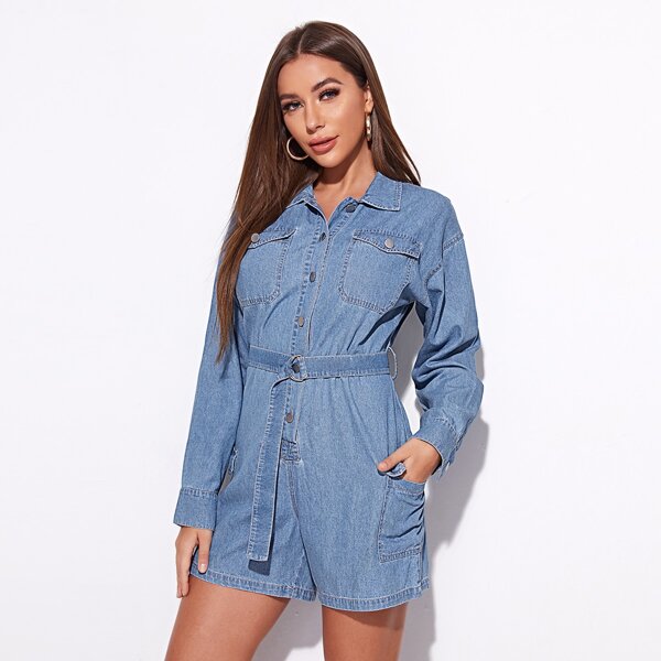 

Flap Pocket Buckle Belted Denim Romper, Light wash