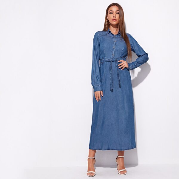 

Button Front Belted Shirt Denim Dress, Medium wash