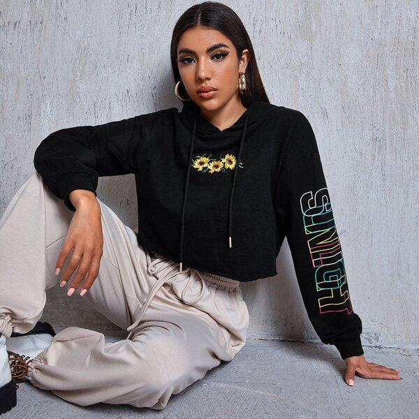 

Drop Shoulder Embroidery Floral Drawstring Hoodie, Black