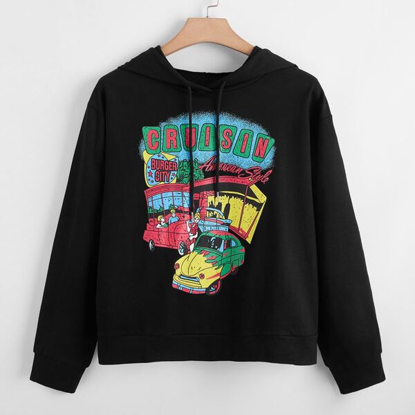 

Plus Car And Letter Graphic Drawstring Hoodie, Black