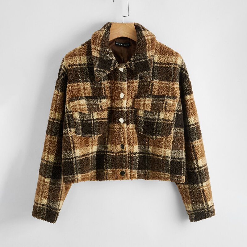 

Flap Pocket Plaid Teddy Jacket, Multicolor