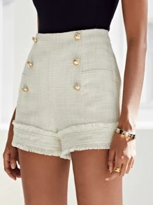 SHEIN Quần short Dây kéo màu trơn Thanh lịch - Màu be - Xem 6