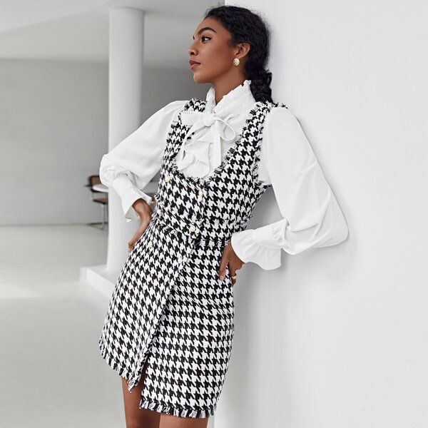 

Houndstooth Pattern Raw Edge Tweed Dress, Black and white