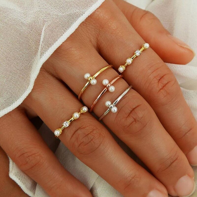 

5pcs Faux Pearl & Rhinestone Ring, Multicolor