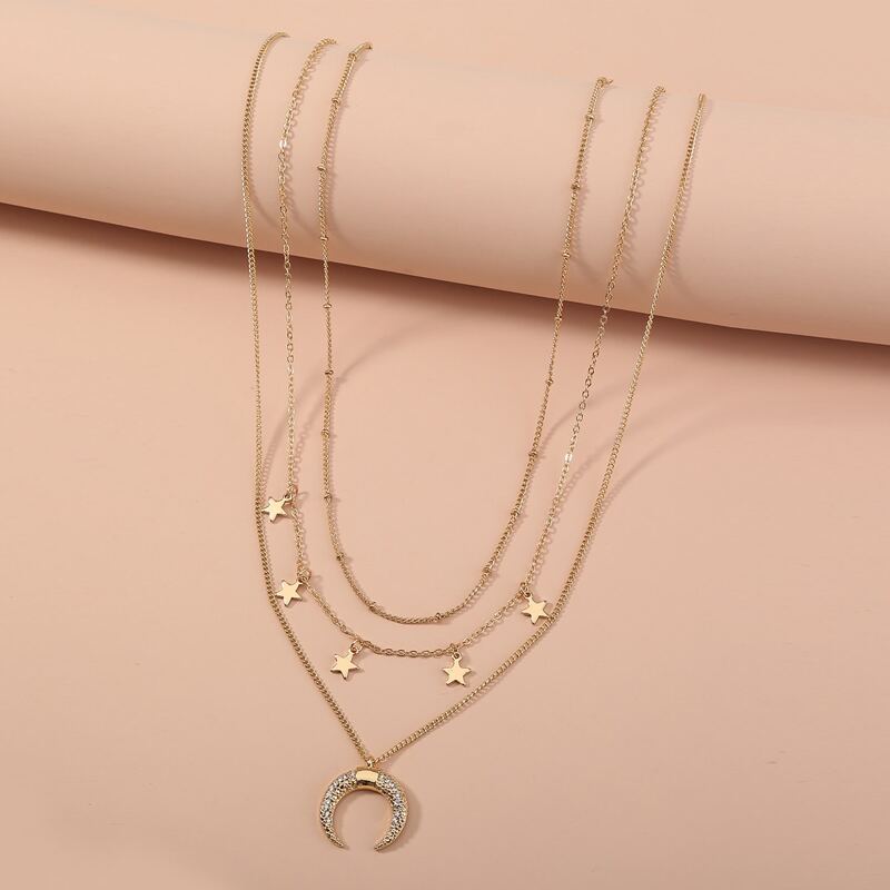 

3pcs Moon & Star Charm Necklace, Gold