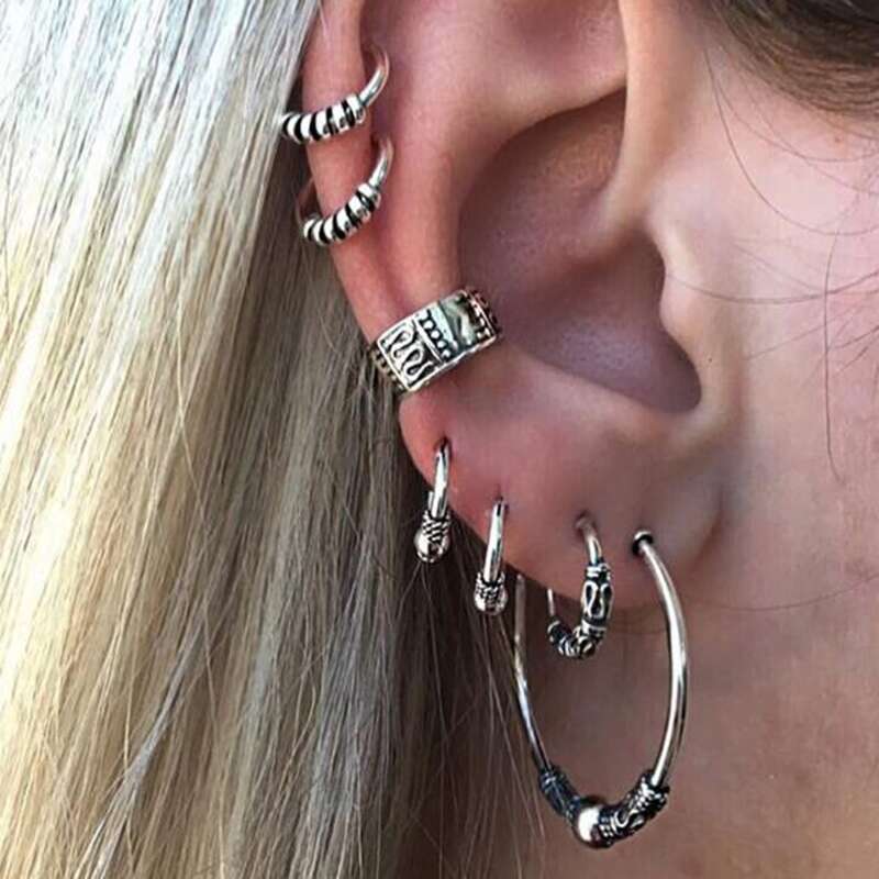 

7pcs Simple Hoop Earrings, Silver