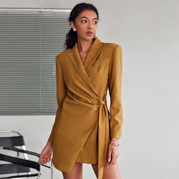 

Peak Collar Wrap Knot Blazer Dress, Camel