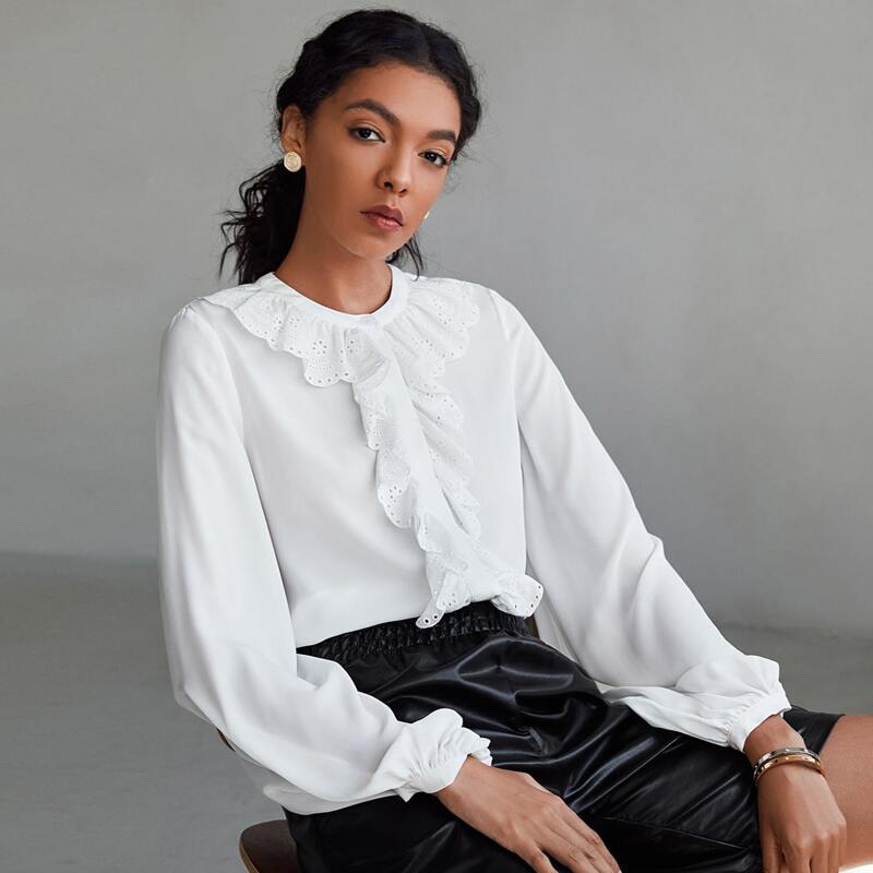 

Jabot collar Bishop Sleeve Top, White