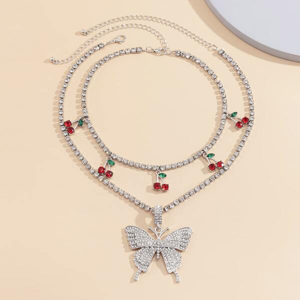 

2pcs Butterfly & Cherry Charm Necklace, Multicolor