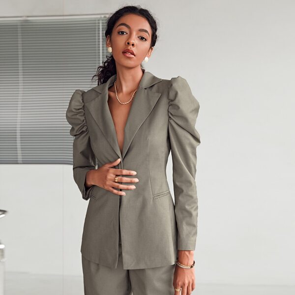 

Puff Sleeve Single Button Front Blazer, Grey