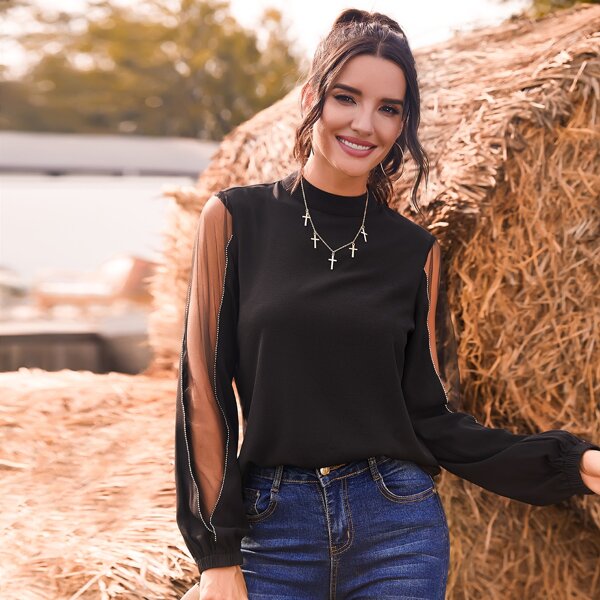

Mock Neck Beaded Contrast Mesh Sleeve Blouse, Black