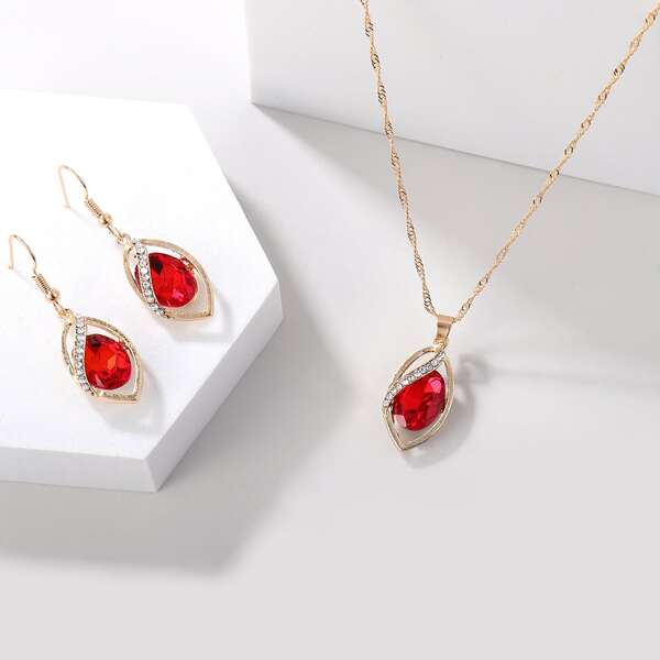 

1pc Gemstone Pendant Necklace & 1pair Earrings, Red