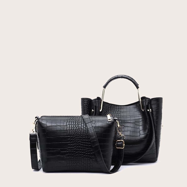

Croc Embossed Satchel Bag With Crossbody Bag, Black