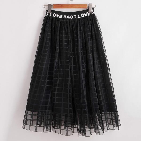 

Letter Tape Waist Mesh Skirt, Black