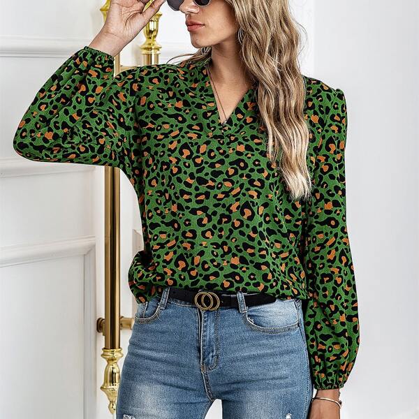 

All Over Print Notched Neck Blouse, Green