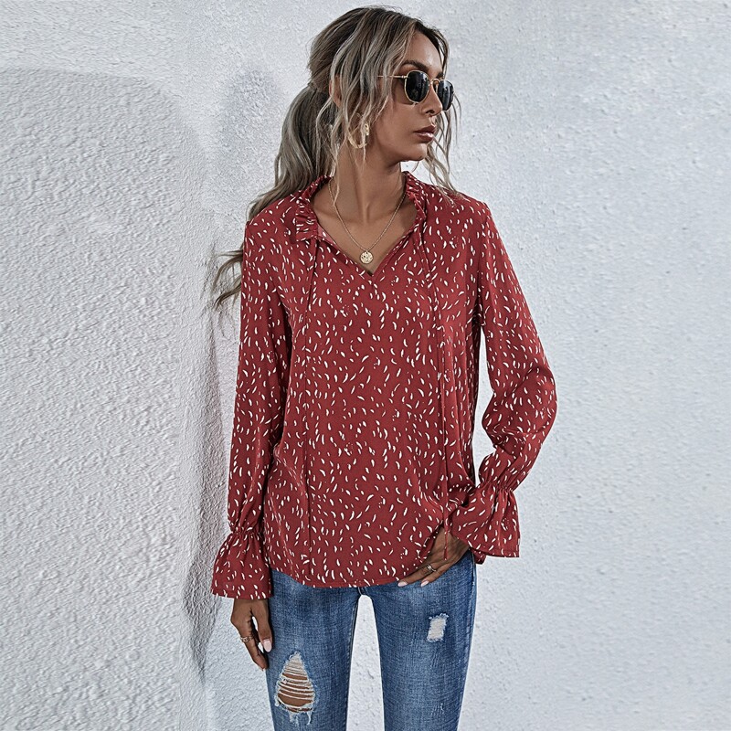 

Tie Neck Flounce Sleeve Allover Print Blouse, Redwood