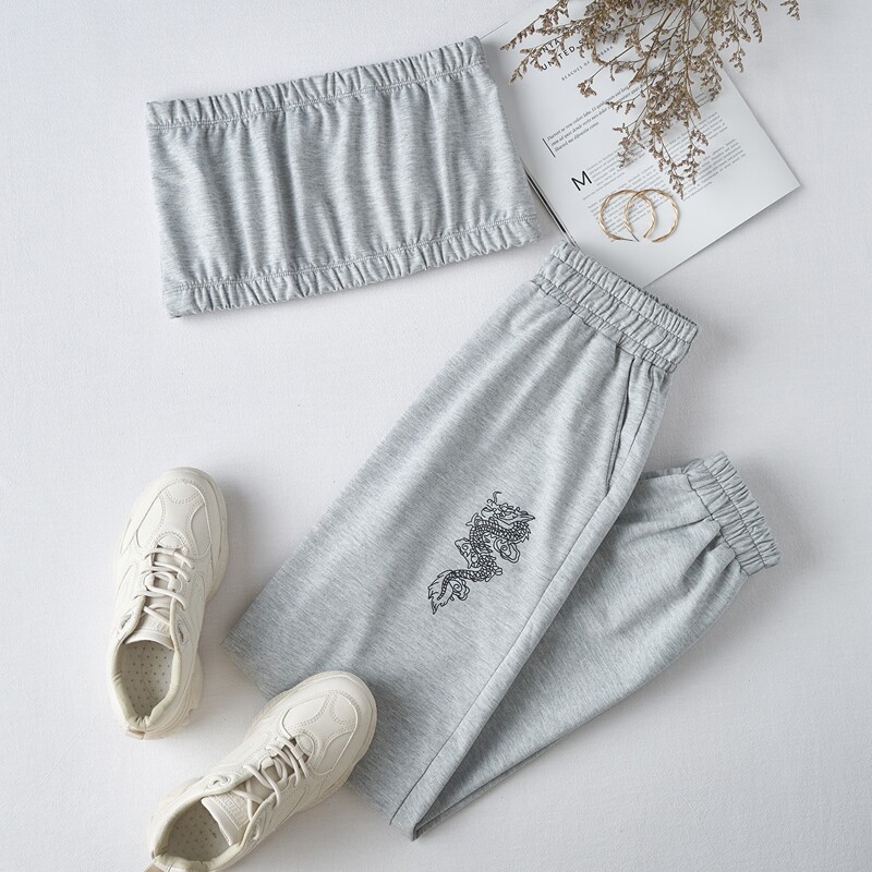 

Solid Tube Top & Chinese Dragon Graphic Sweatpants, Light grey