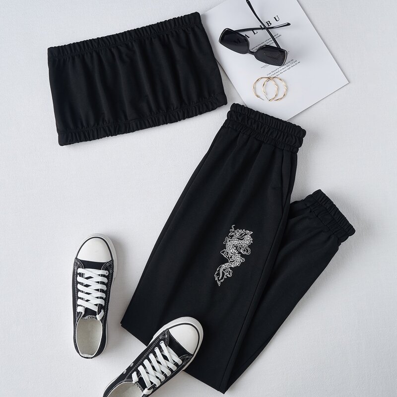 

Solid Tube Top & Chinese Dragon Graphic Sweatpants, Black