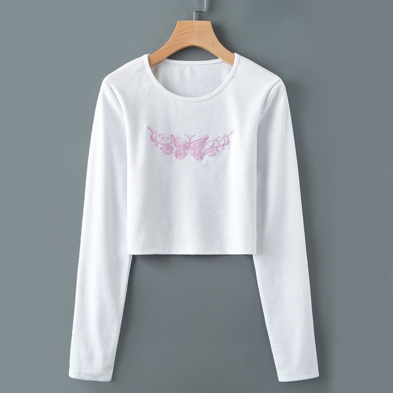 

Butterfly Embroidery Ribbed Crop Tee, White