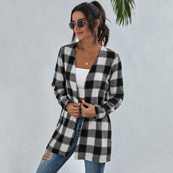 

Gingham Open Front Coat, Black and white