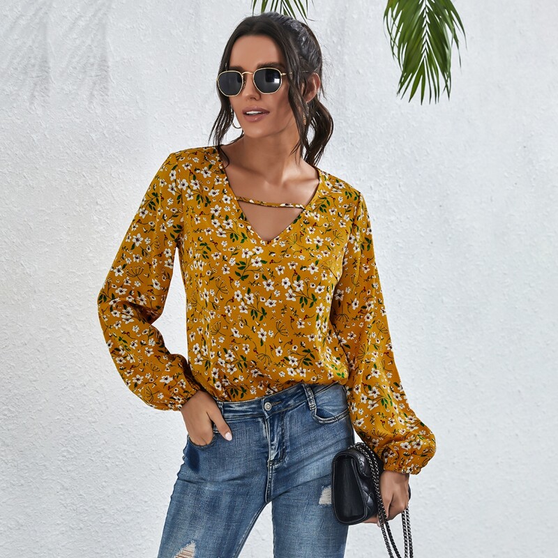 

Allover Floral Cut Out Neck Blouse, Mustard yellow