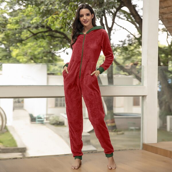 

Zipper Front Hooded Teddy Jumpsuit, Red