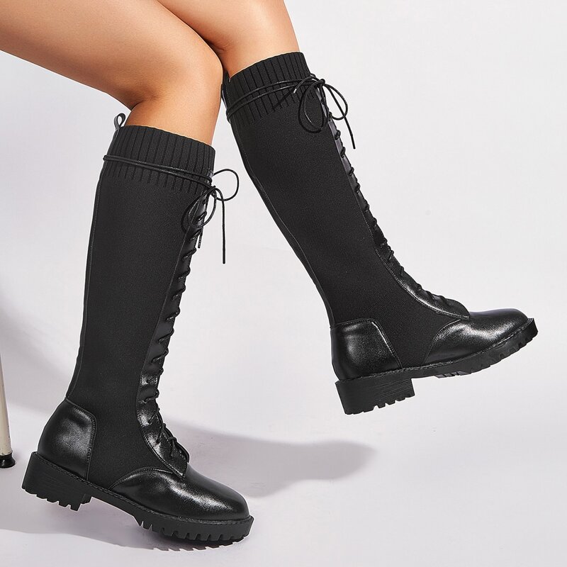 

Lace Up Front Knee Sock Boots, Black