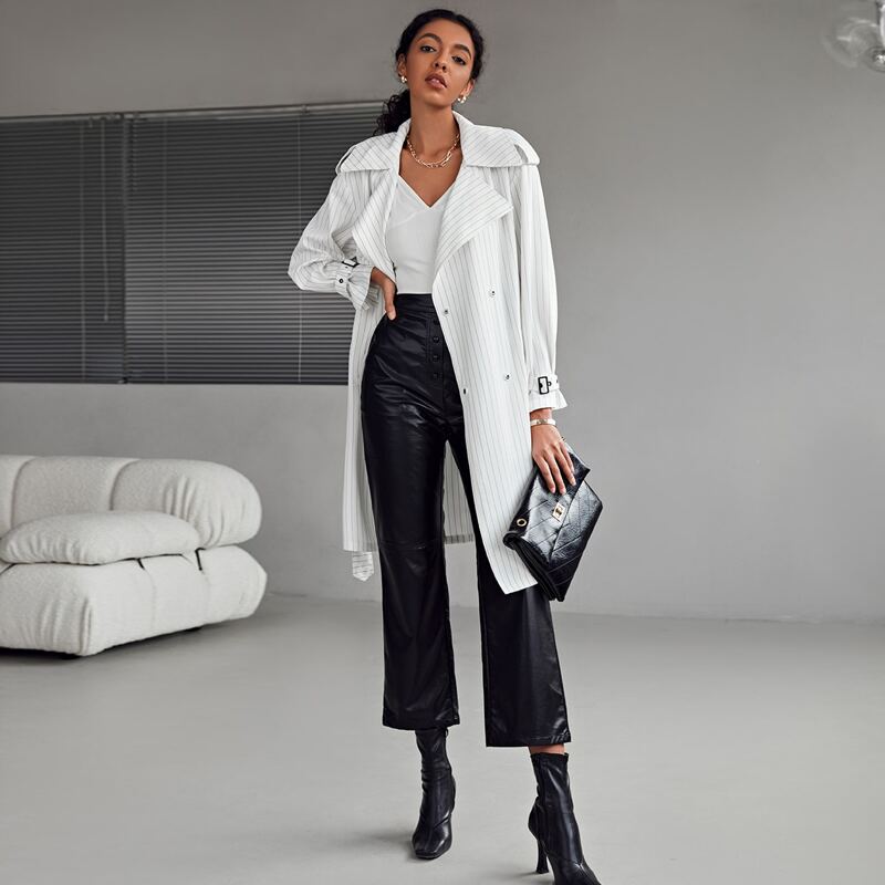

Double Button Front Self Belted Striped Trench Coat, White